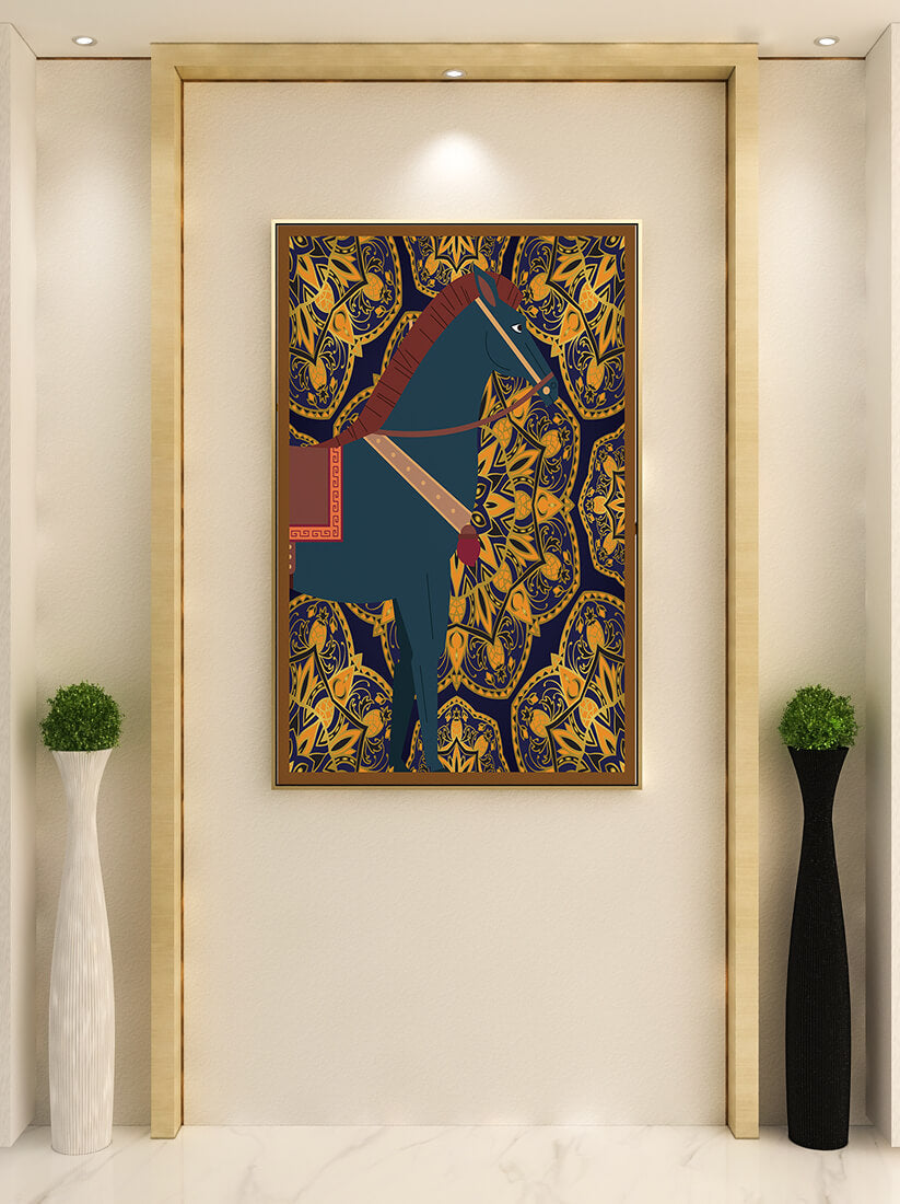 Stylized horse illustration on intricate golden pattern background