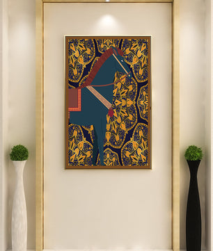 Stilisierte Pferdeillustration auf kompliziertem goldenem Musterhintergrund