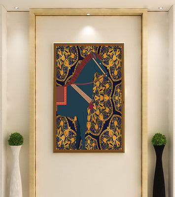 Stylized horse illustration on intricate golden pattern background