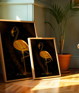 Elegant golden flamingo on abstract dark background