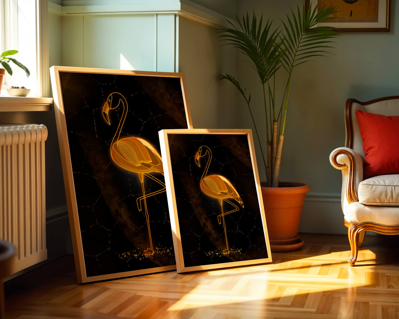 Elegant golden flamingo on abstract dark background