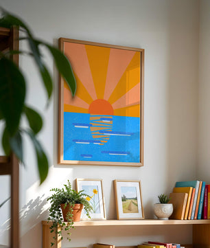 A vibrant sunrise illustration over the ocean with colorful rays