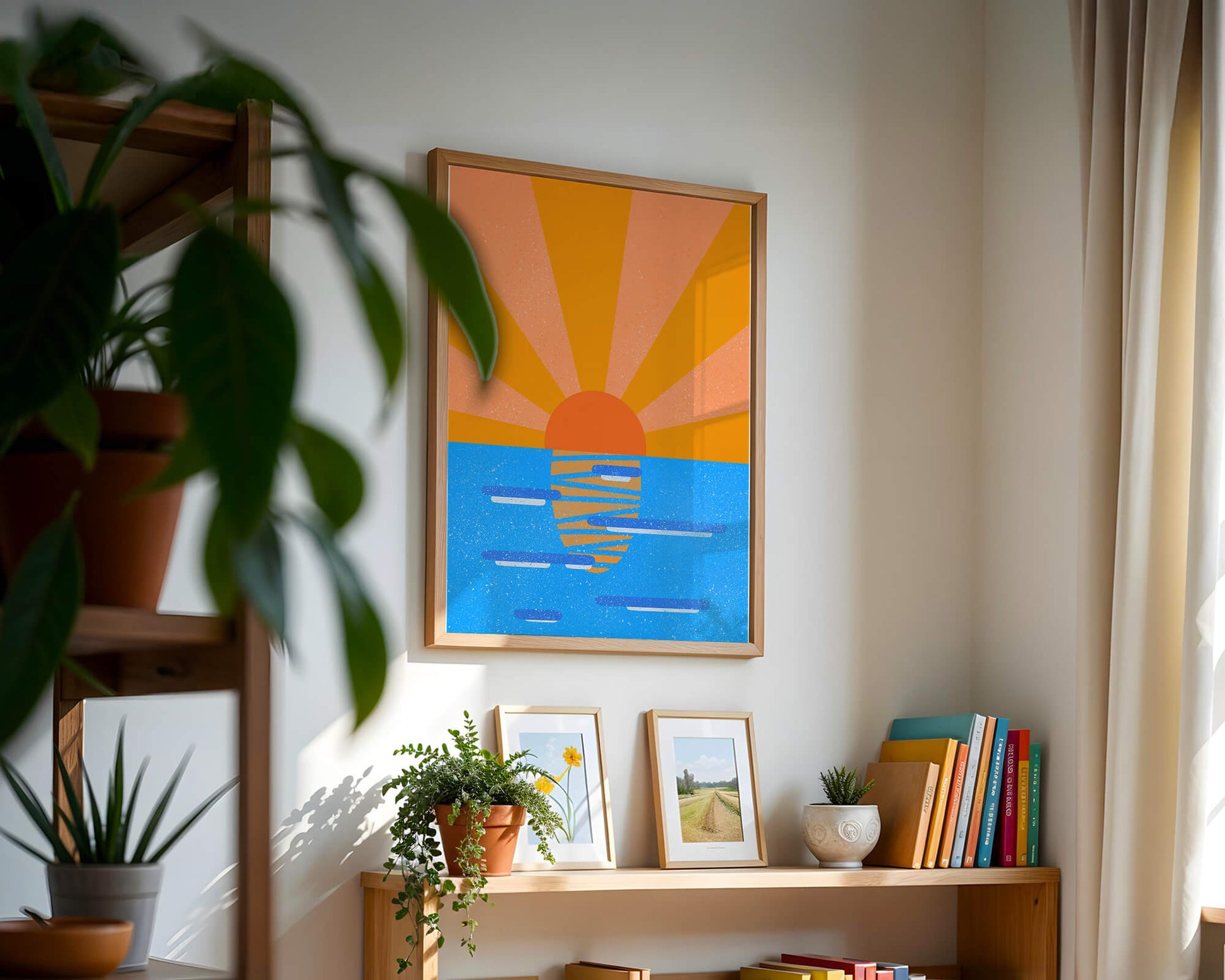 A vibrant sunrise illustration over the ocean with colorful rays