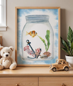 Watercolor illustration of marine life in a jar with a clownfish