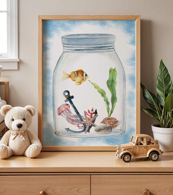Watercolor illustration of marine life in a jar with a clownfish