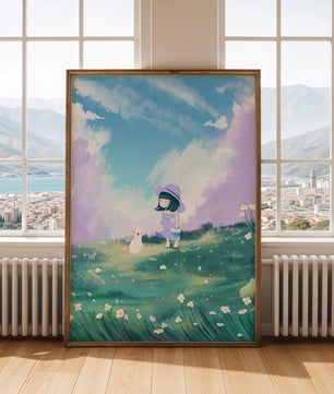 A Little Girl in a Purple Dress and Hat with a White Rabbit in a Flower Field Under a Blue Sky