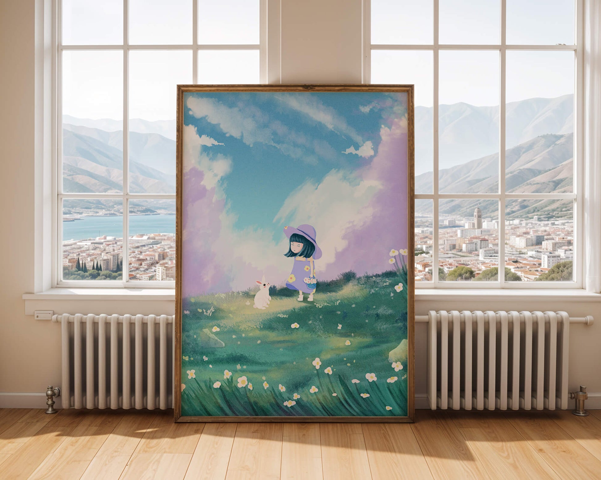 A Little Girl in a Purple Dress and Hat with a White Rabbit in a Flower Field Under a Blue Sky