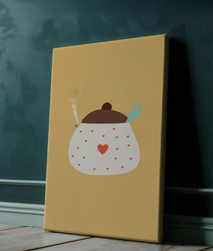 Ilustración de una olla decorada con corazones y vapor sobre fondo amarillo