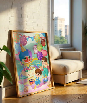Colorful clown-themed children's party with balloons and toys