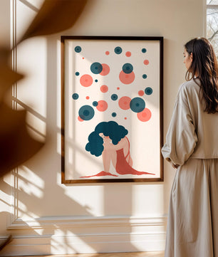Abstract Illustration of a Woman with Curly Blue Hair Surrounded by Colorful Circles - Mi tienda
