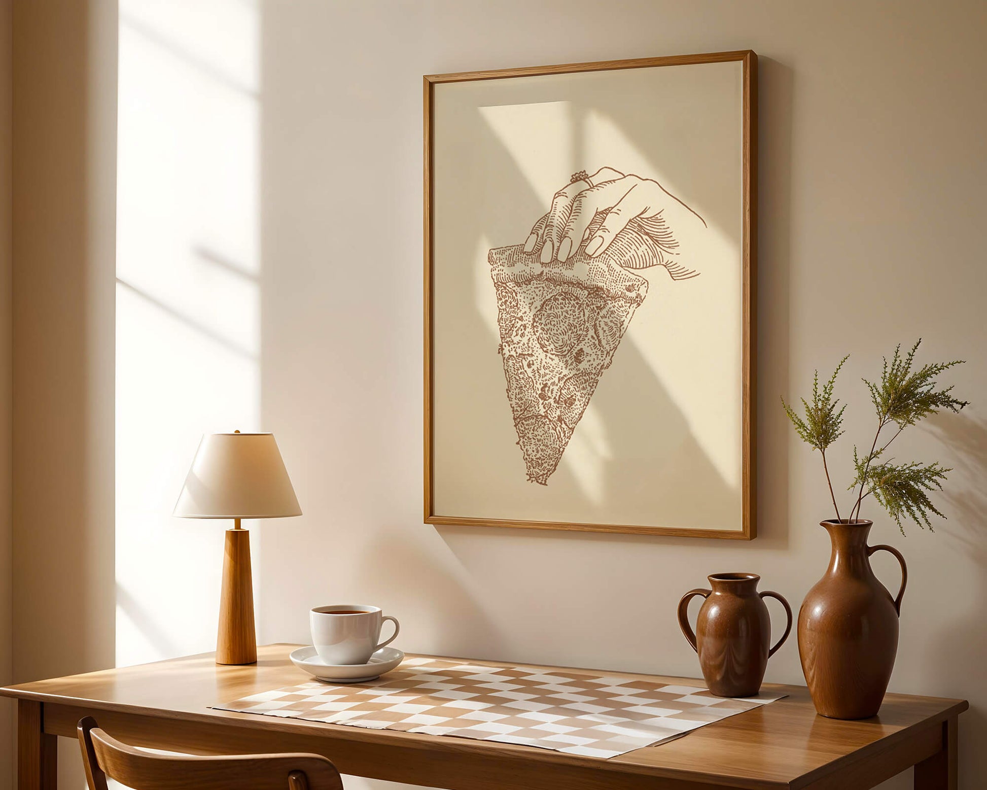 Hand holding a detailed vintage pizza slice illustration