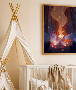 Magical forest scene with lantern and glowing hair