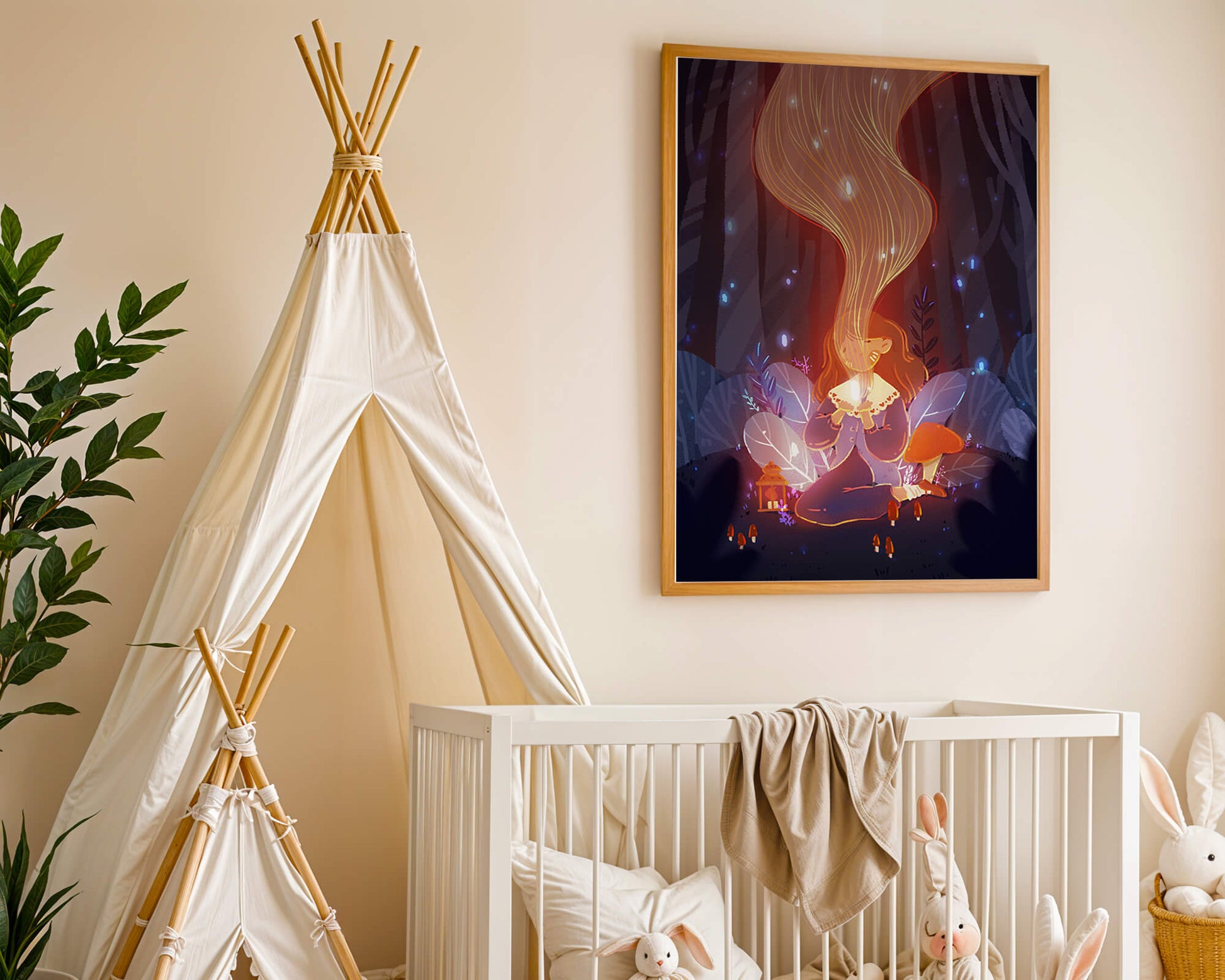 Magical forest scene with lantern and glowing hair