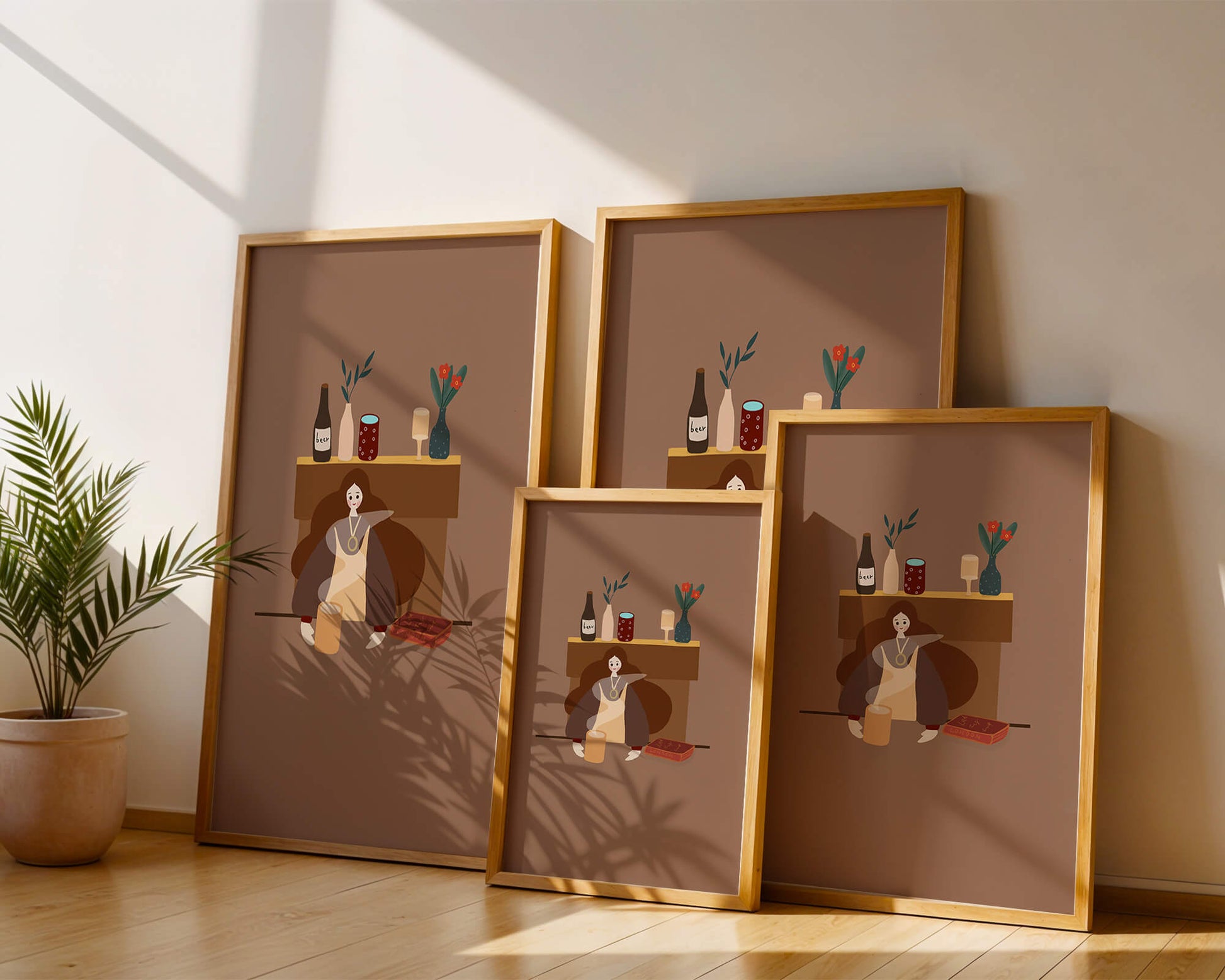 Escena acogedora con mujer junto a la chimenea y elementos decorativos