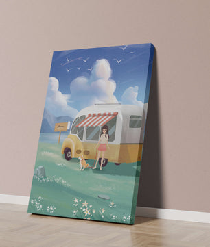 Girl with dog by camper van in serene nature setting