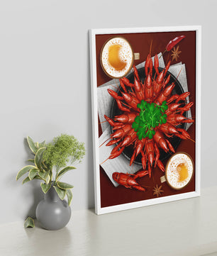 Gourmet-Meeresfrüchteplatte mit Flusskrebsen und Kaffeetassen