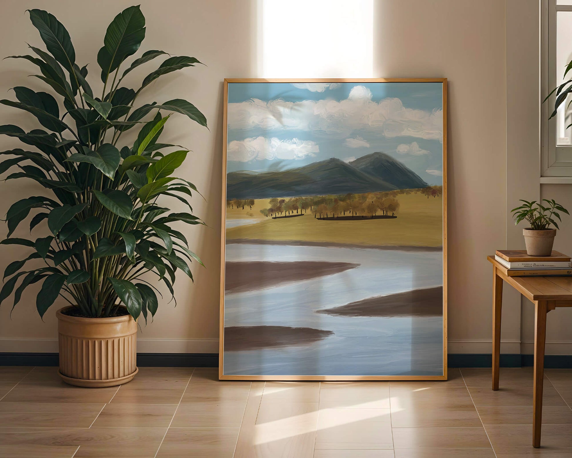 Serene Landscape with Mountains, Trees, and River