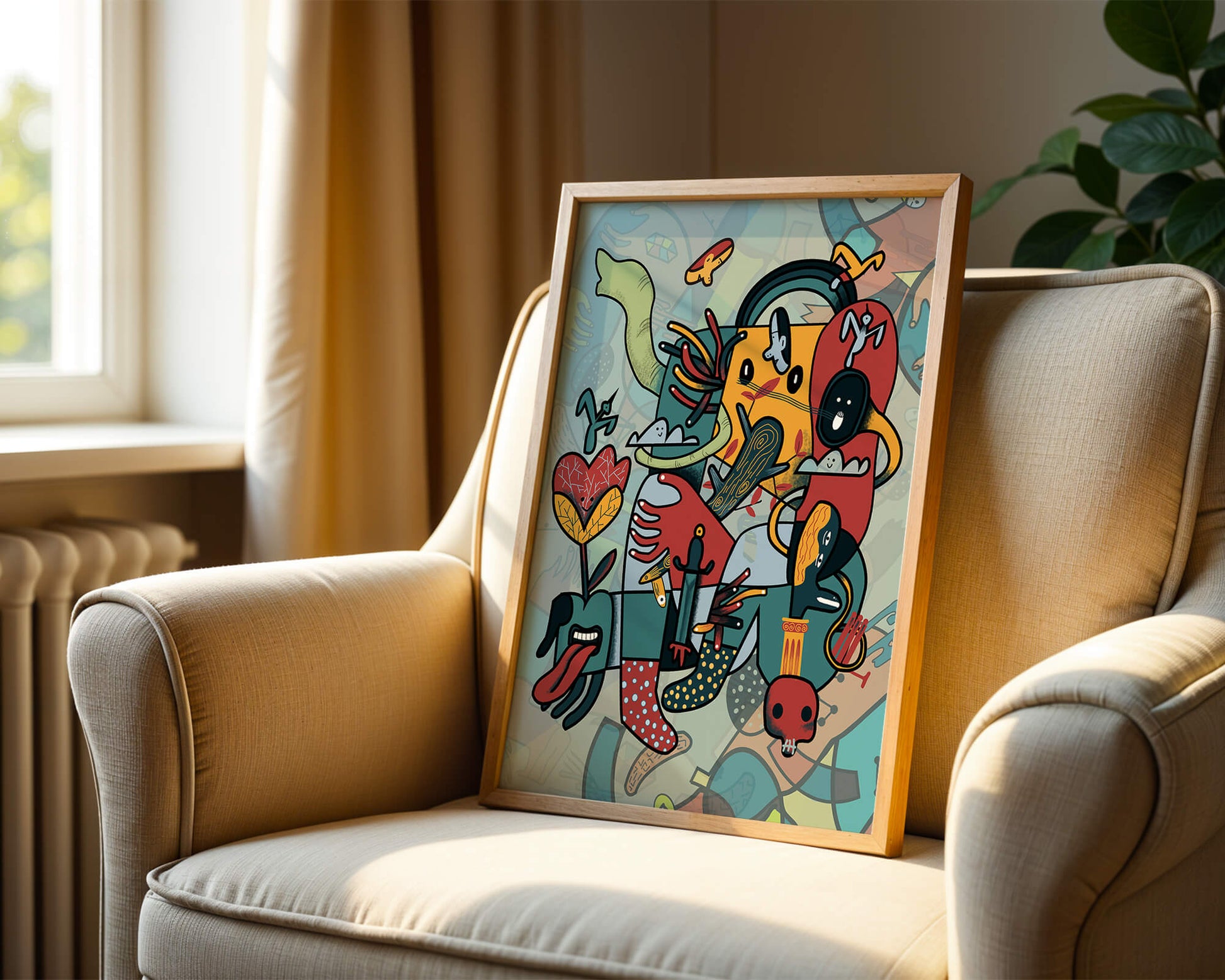 Composición artística surrealista abstracta con colores vibrantes