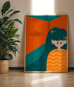 Colorful abstract illustration of a character with teal hair and orange background