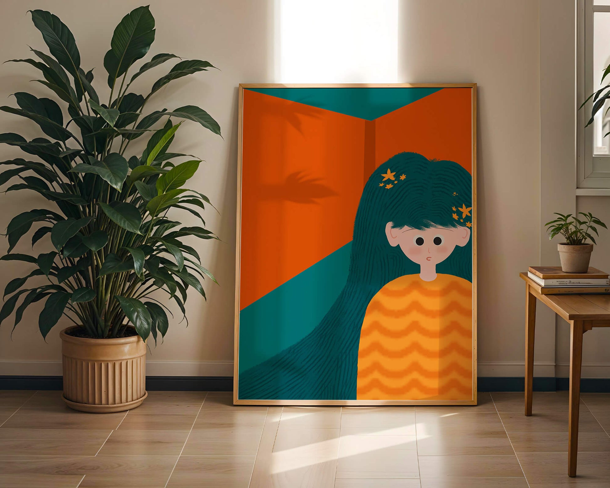 Colorful abstract illustration of a character with teal hair and orange background