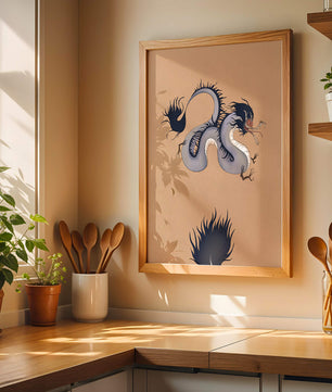 Illustration of a mystical dragon with fluid form on a beige background