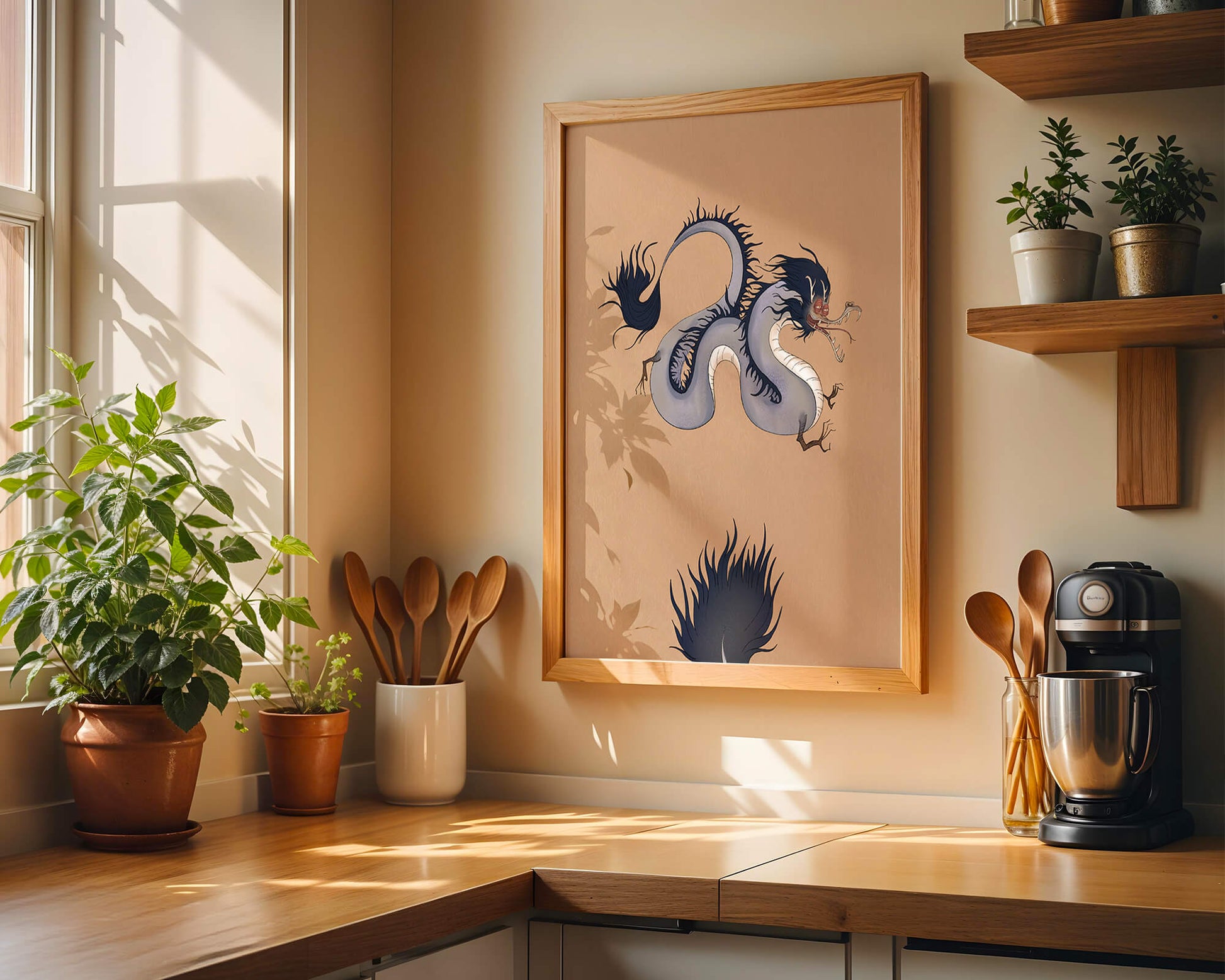 Illustration of a mystical dragon with fluid form on a beige background