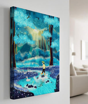 Colorful forest scene with a child and ducks by a stream