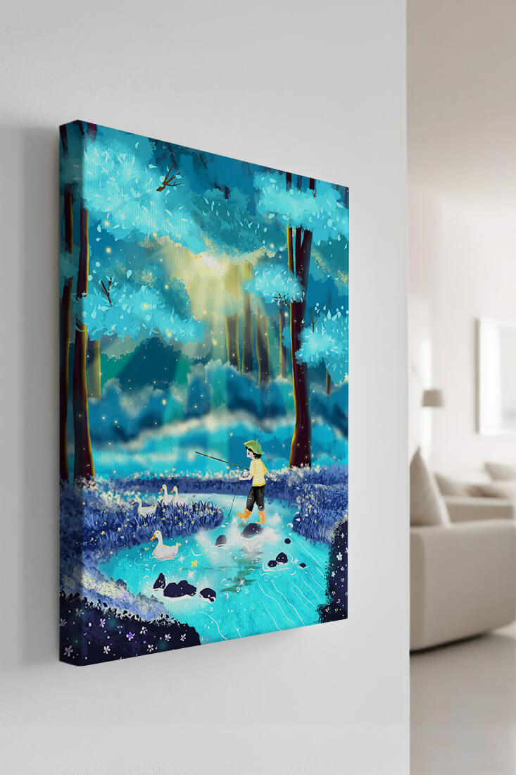 Colorful forest scene with a child and ducks by a stream