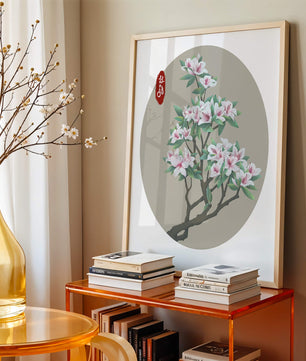 Obra floral delicada con magnolias en flor en estilo oriental