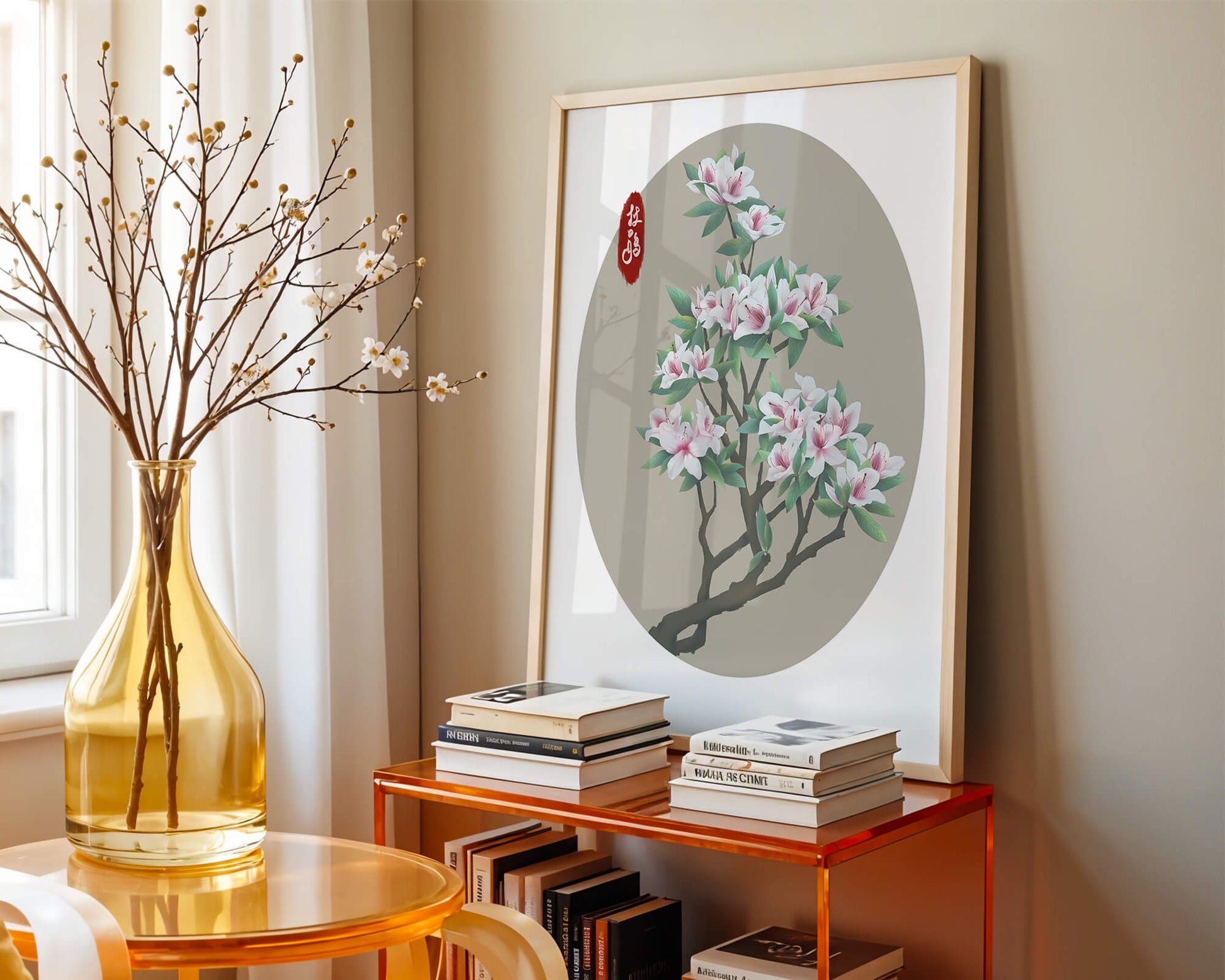 Obra floral delicada con magnolias en flor en estilo oriental