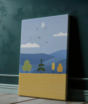 Colorful Landscape with Trees and Birds in a Serene Field