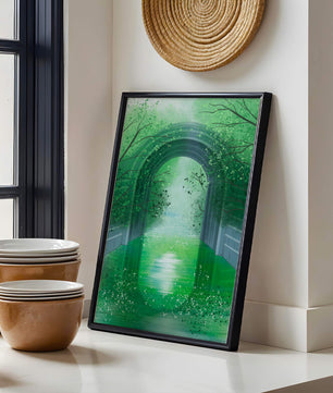 Un túnel de jardín verde sereno con agua reflectante