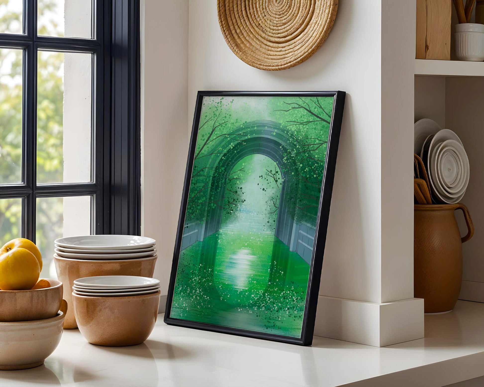 A serene green garden tunnel with reflective water