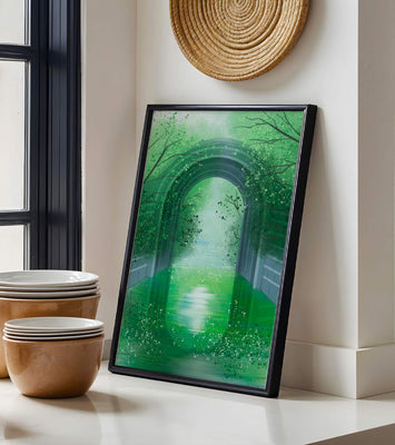 A serene green garden tunnel with reflective water