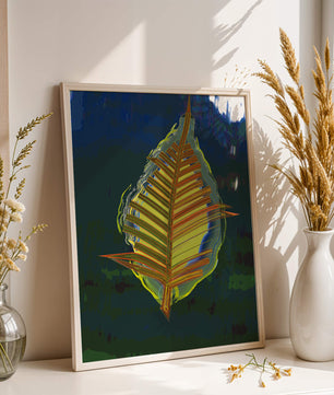 Abstract digital artwork featuring a vibrant multicolored leaf