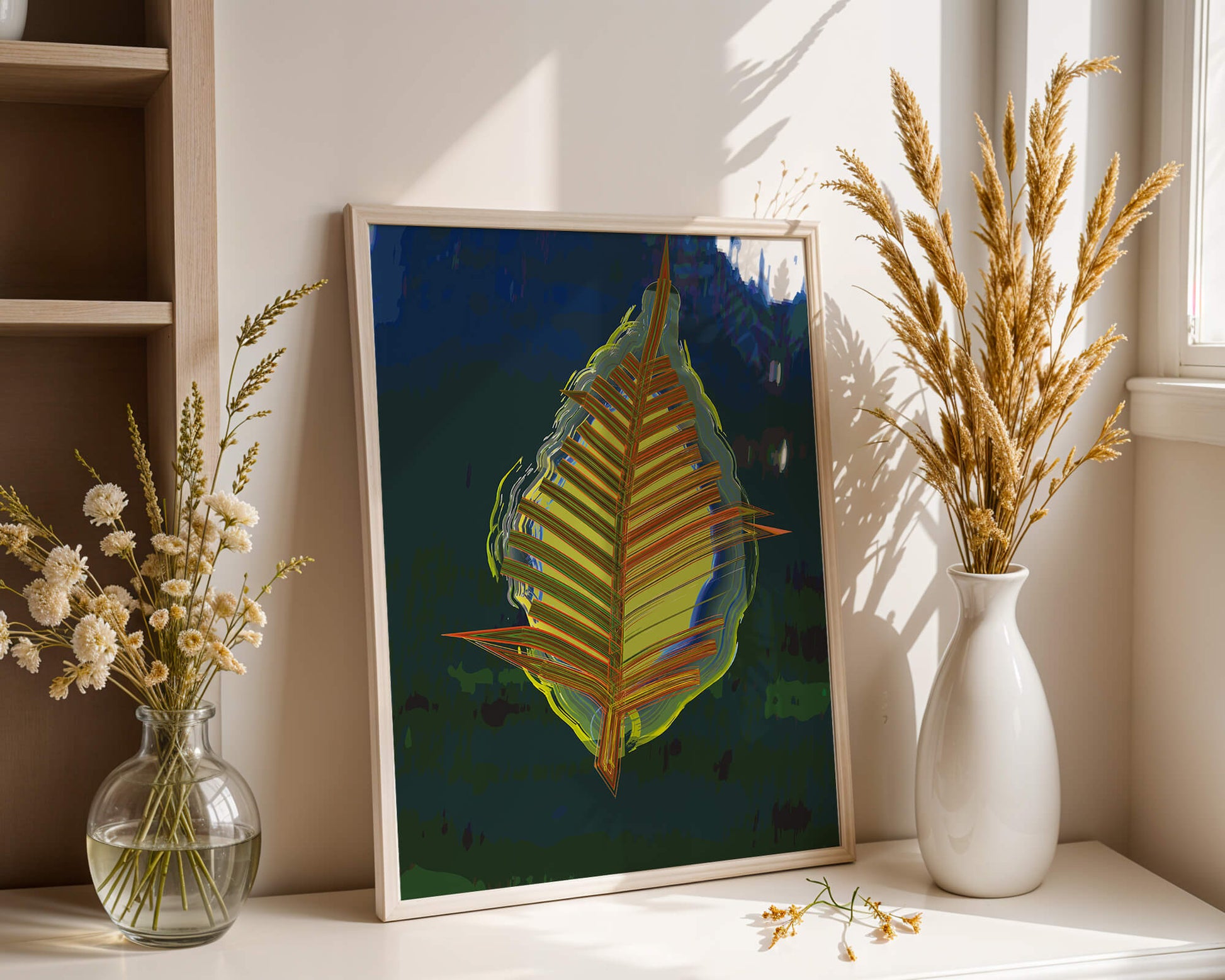 Abstract digital artwork featuring a vibrant multicolored leaf