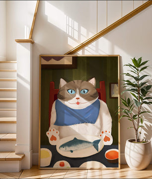 Ilustración de un gato comiendo con pescado y babero azul