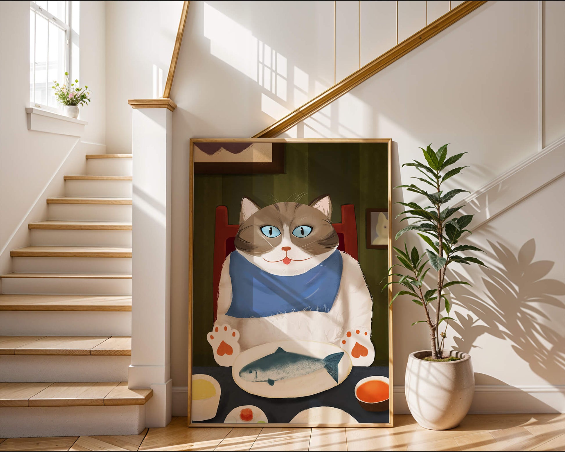 Ilustración de un gato comiendo con pescado y babero azul