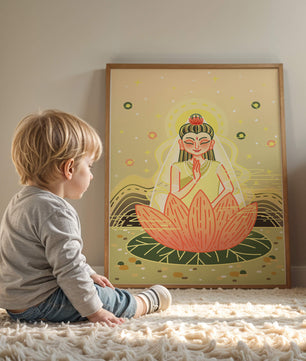 Heitere Illustration einer meditativen Figur auf einem Lotus mit himmlischem Hintergrund