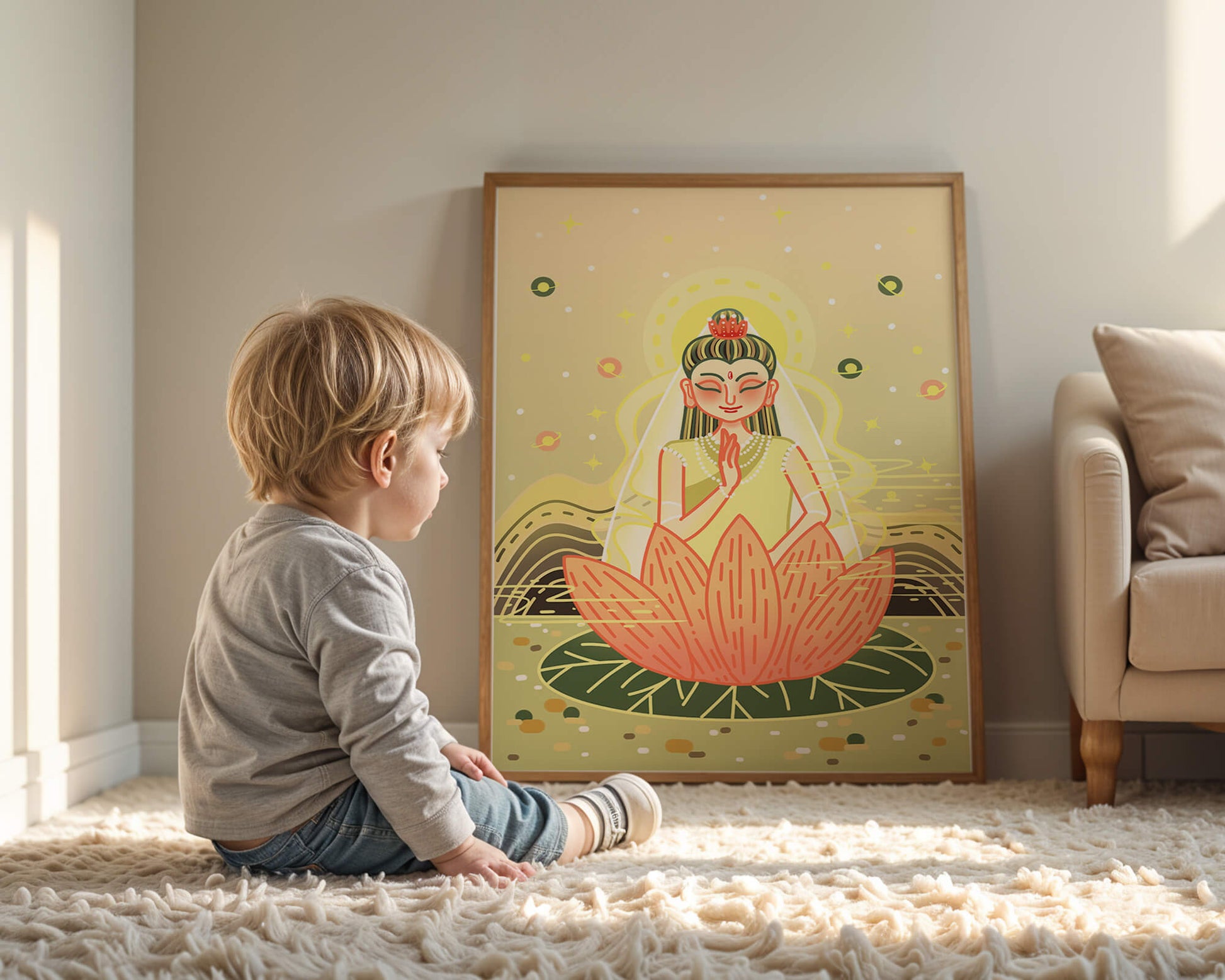 Serene illustration of meditative figure on a lotus with celestial background