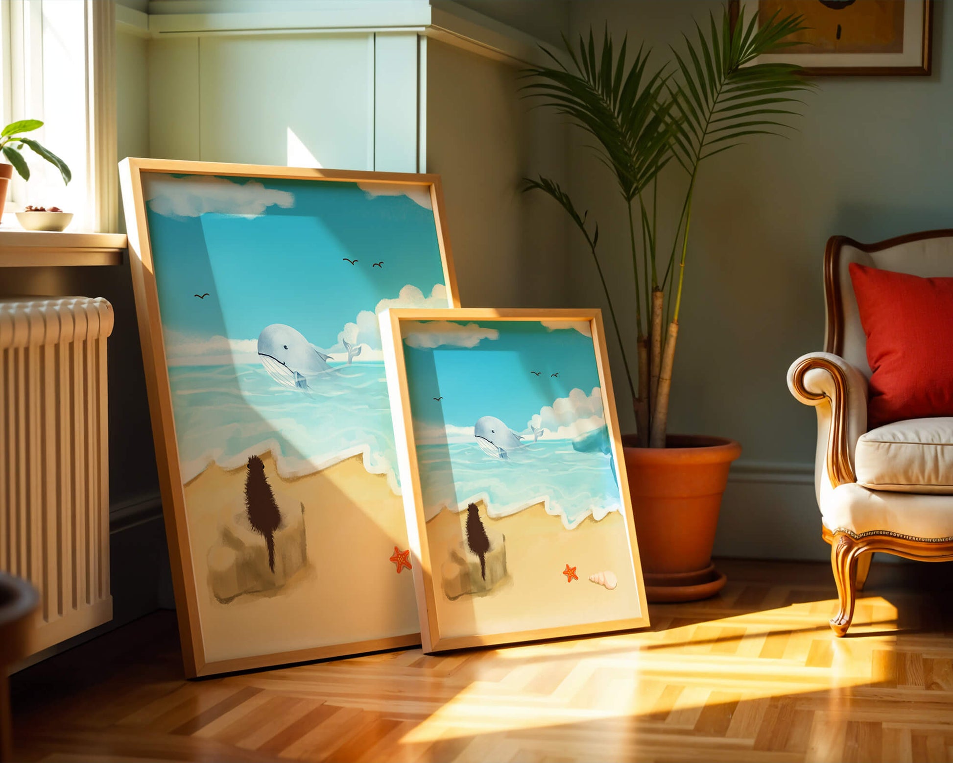 Vista al océano con ballena y elementos de playa