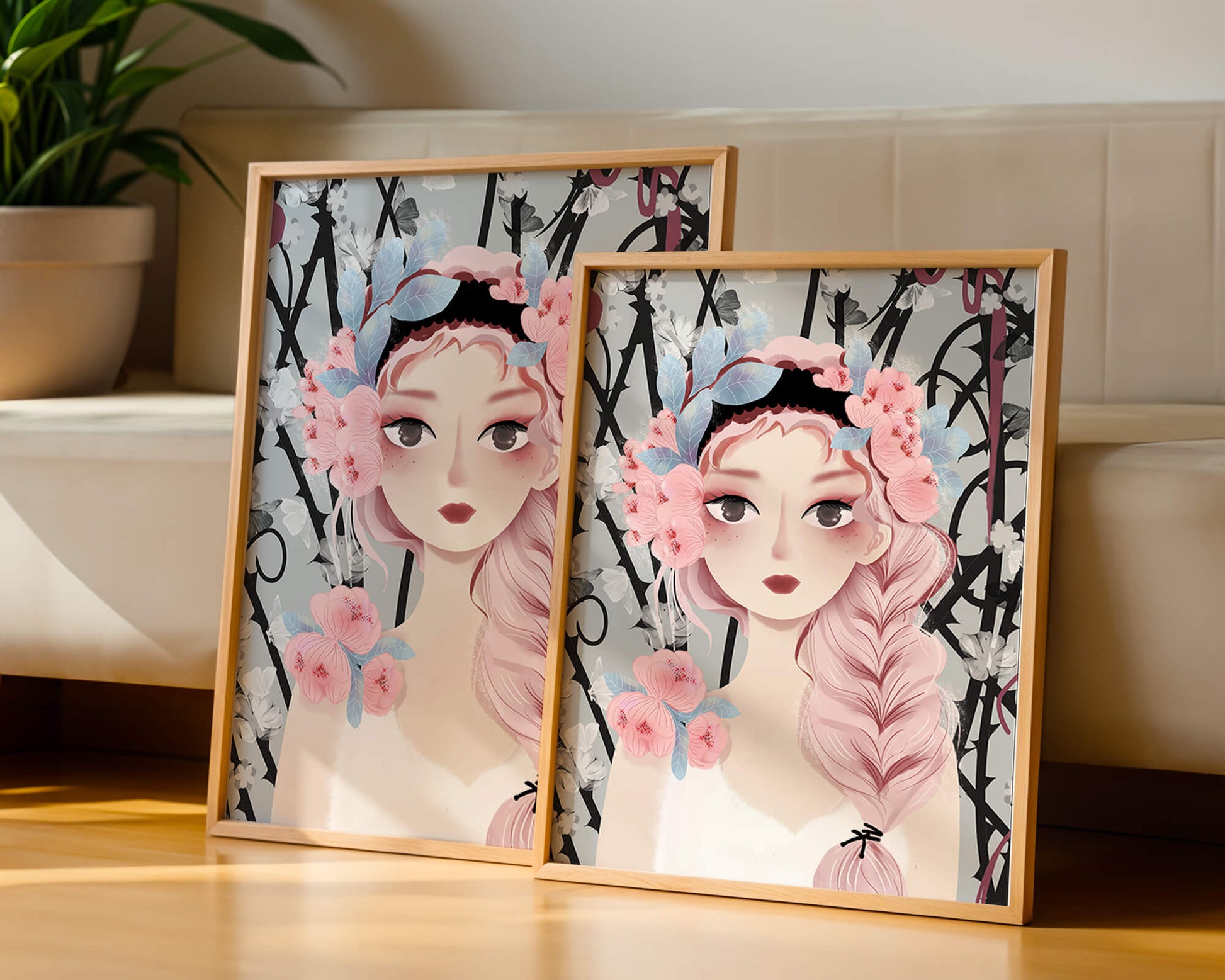 Whimsical illustration of a girl with pink hair and floral crown