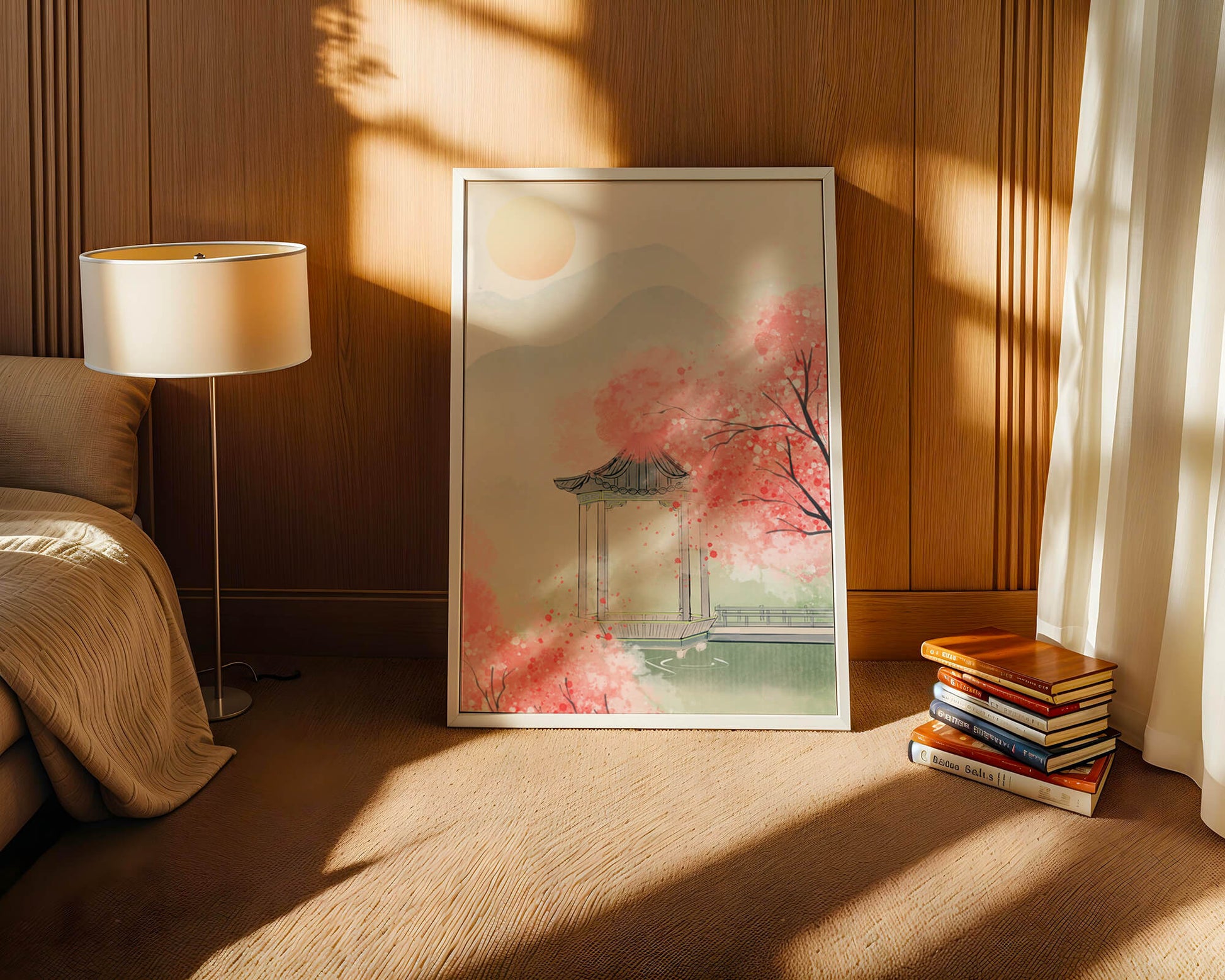 Serene landscape with cherry blossoms and traditional gazebo