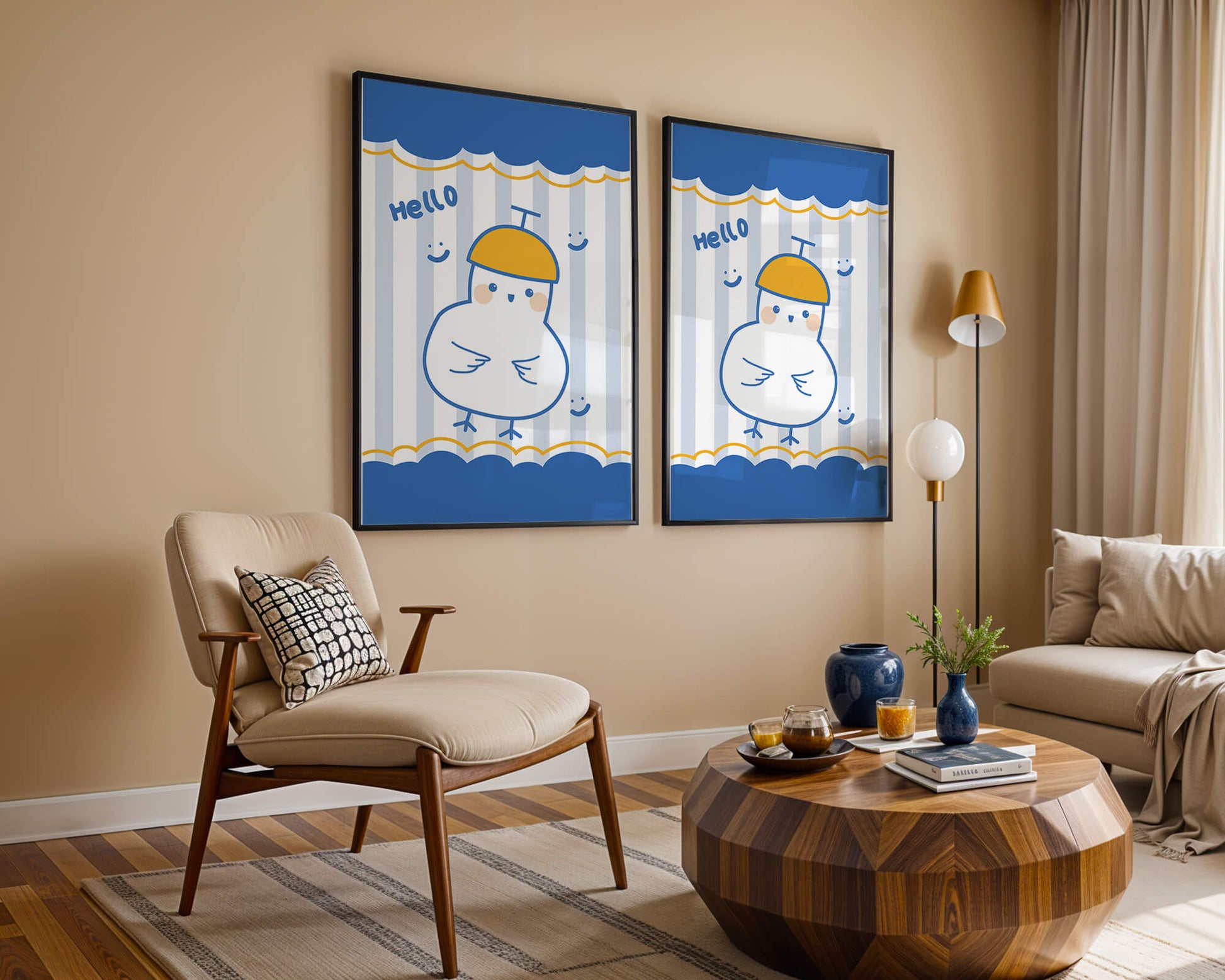 Cartoon bird illustration with cheerful design elements