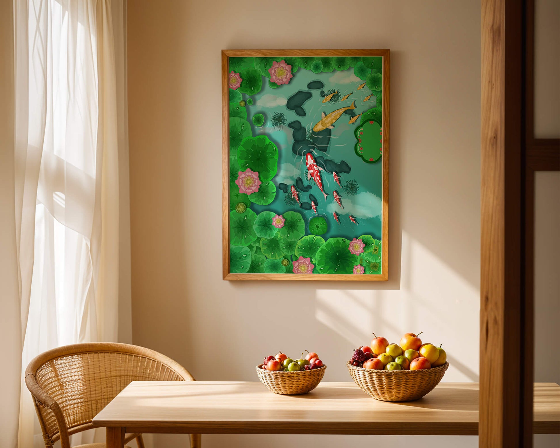 Étang à carpes koï vibrant avec des fleurs de lotus et des nénuphars verts