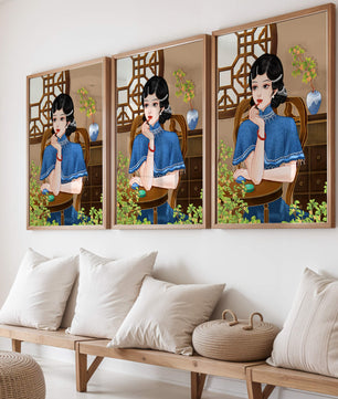 Elegant Woman in Traditional Chinese Setting with Blue Cape and Intricate Decor