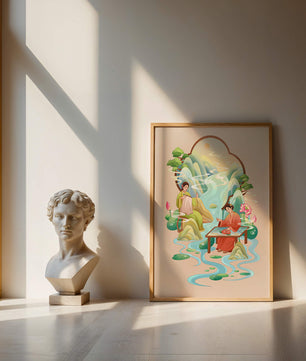 Scène d'eau sereine et de nature avec des personnes en tenue traditionnelle