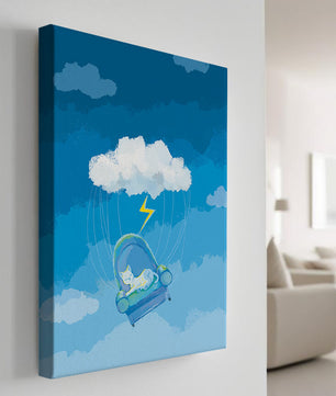 Gato soñador en un sillón flotante en un cielo nublado surrealista