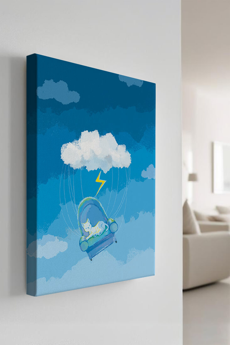 Dreamy Cat on a Floating Armchair in a Surreal Cloudy Sky