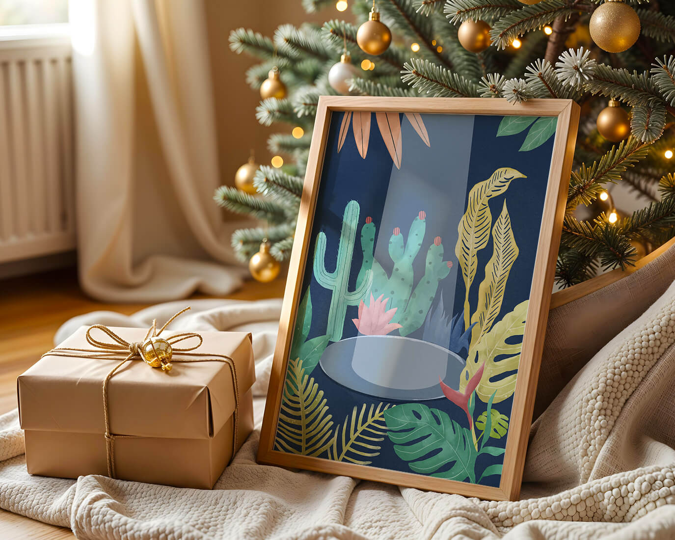 Colorful botanical illustration featuring cacti and tropical leaves